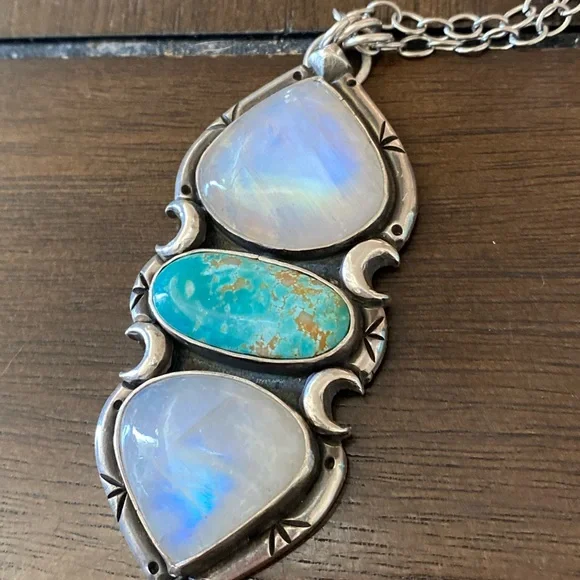 Pacific Crest Silver moonstone and turquoise sterling silver pendant - Picture 4 of 13